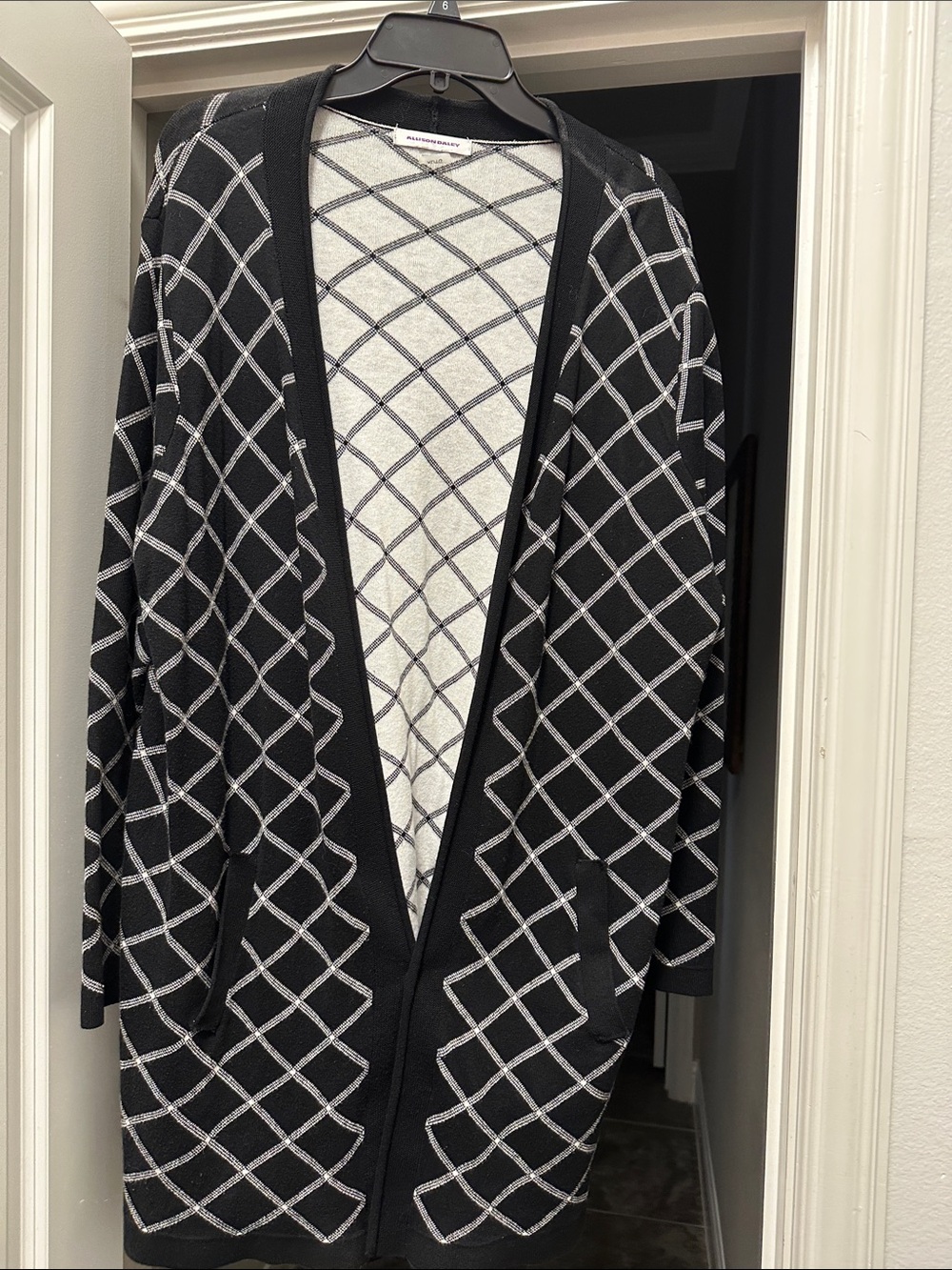 Allison Daley Black Cardigan with Gray Lattice Pattern